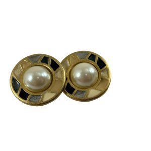 Vintage Xeja Clip On Button Earrings Gold Tone Faux Pearl Mosaic Enamel 1"